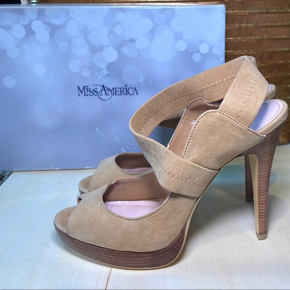 Suede Tan Peep-Toe Heels